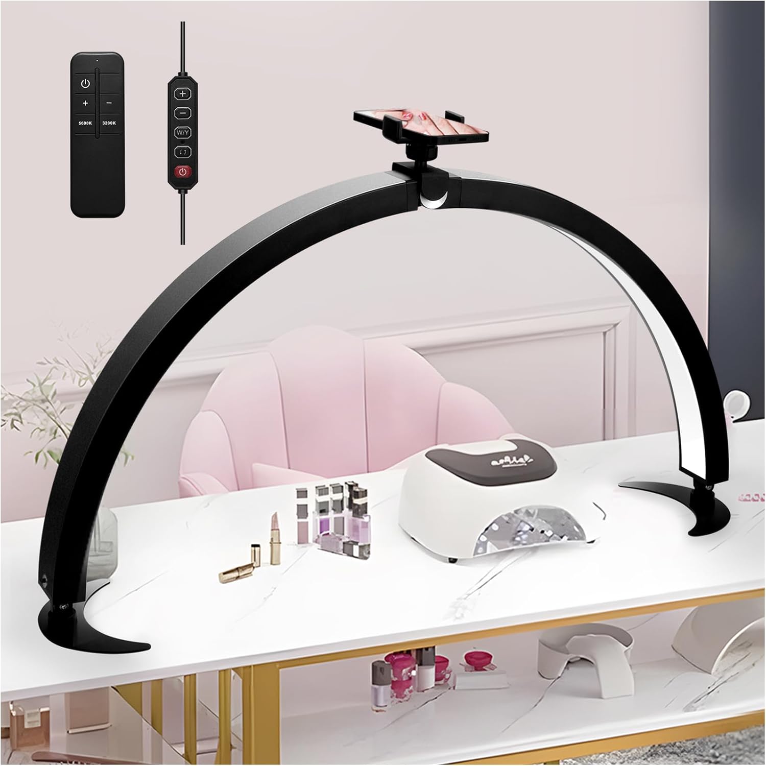 AFIFI Half Moon Light for Nail Desk - 29-inch Foldable Nail Tech Lamp with Wire Controller & Remote, 7 Color Modes, 10 Brightness - Ideal for Beauty, Eyelashes, Tattoos, and Crafts