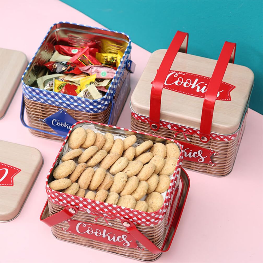 Kichvoe Scatola Biscotti in Metallo Rettangolare con Manico Blu