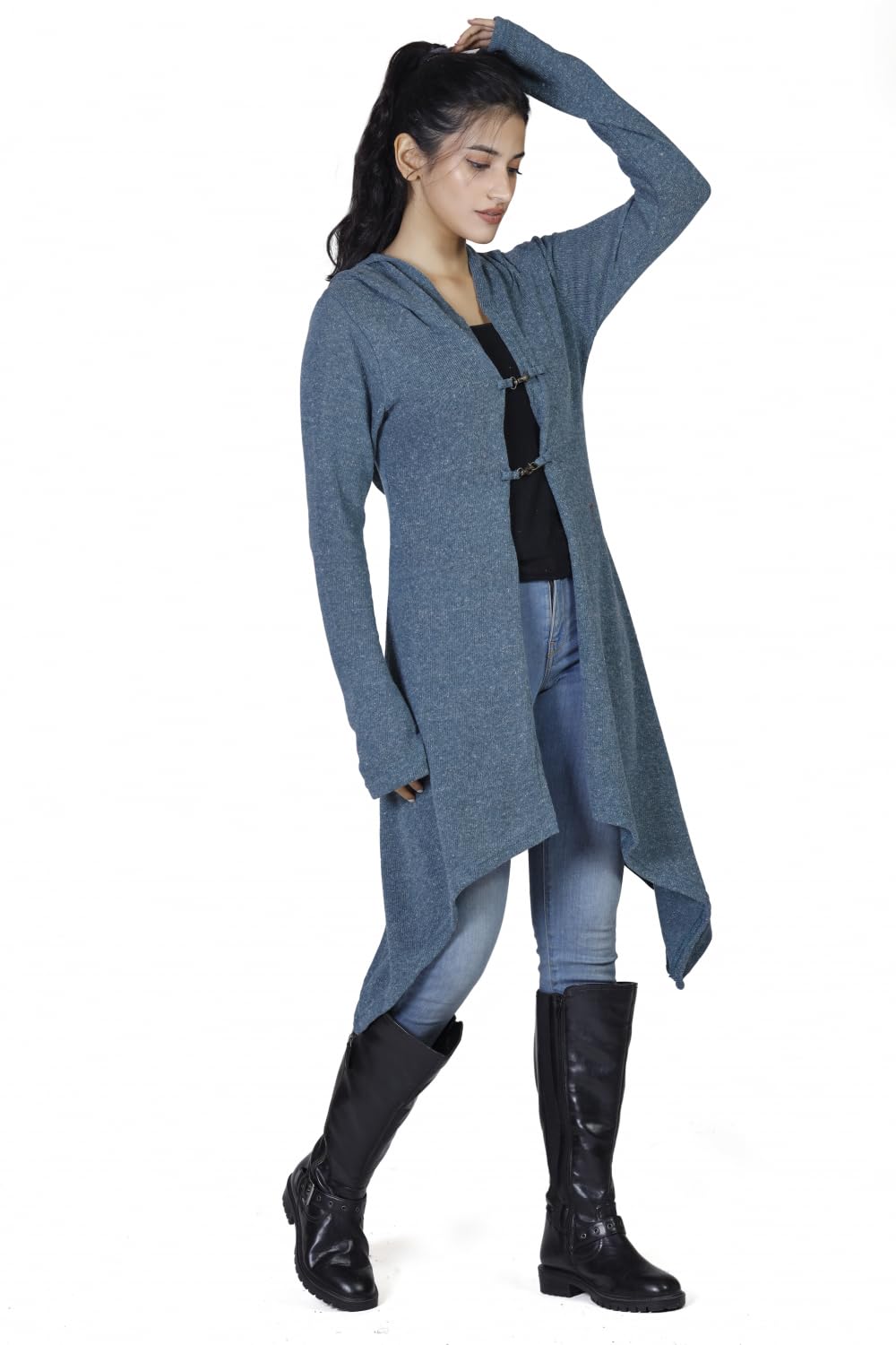 GURU SHOP Lange Strickjacke, Strickmantel mit Kapuze, Damenmode, taubenblau | Legere Passform, Baumwolle, Daumenloch, übergroße Kapuze, angenehm zu tragen