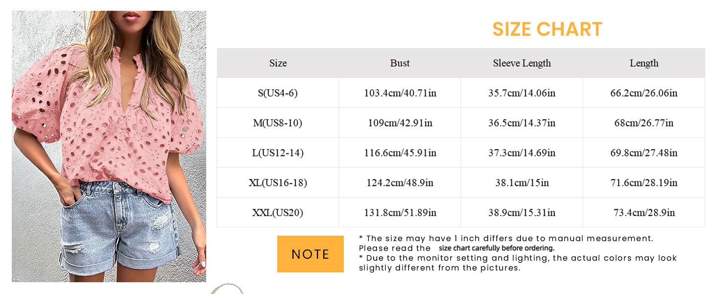 Women's Summer Tops Dressy Casual Hollow out Embroidered Blouse Short Lantern Sleeve V Neck Buttons Shirts