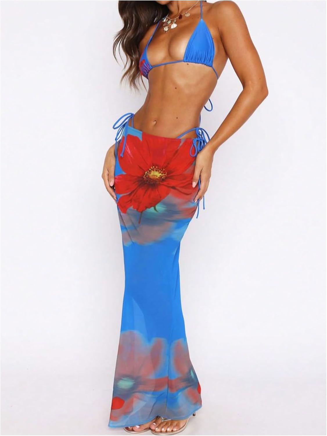 Women's 3 Piece Floral Cheeky Bikini Sets Halter String Swimsuit with Mesh Beach Cover Up Skirt - Image 5