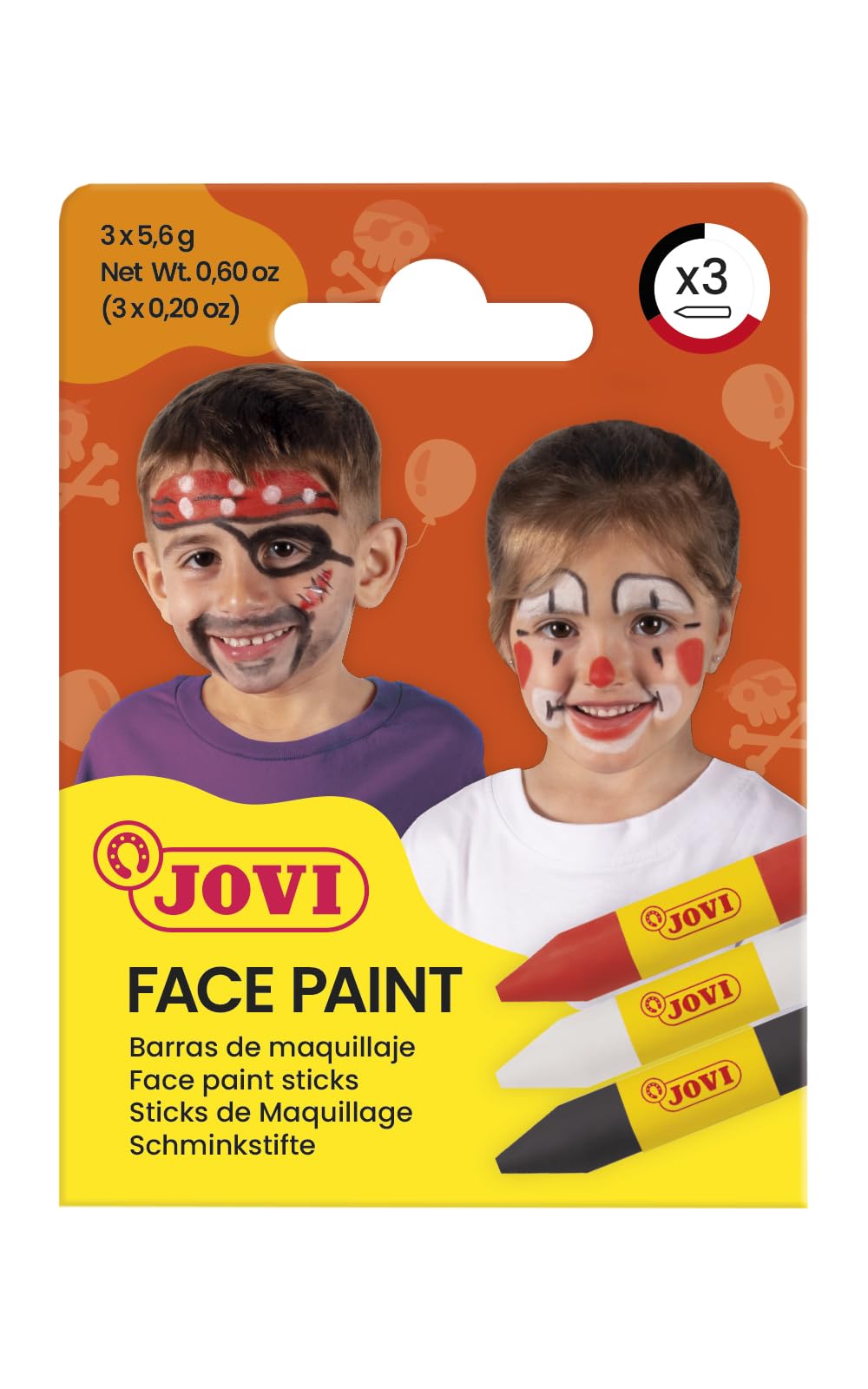 Jovi - 3 Barras de Maquillaje Facial Scary coloresrojo, Blanco y Negro, para Carnaval o Halloween, hipoalergénico (175SC)