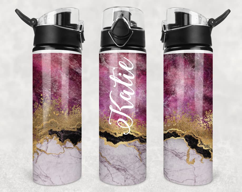Personalized Flip Top Water Bottle 25oz | Gym Water Bottle | Travel Cup | 750ml | Pink and Grey Marble Gold Glitter Effect with Name