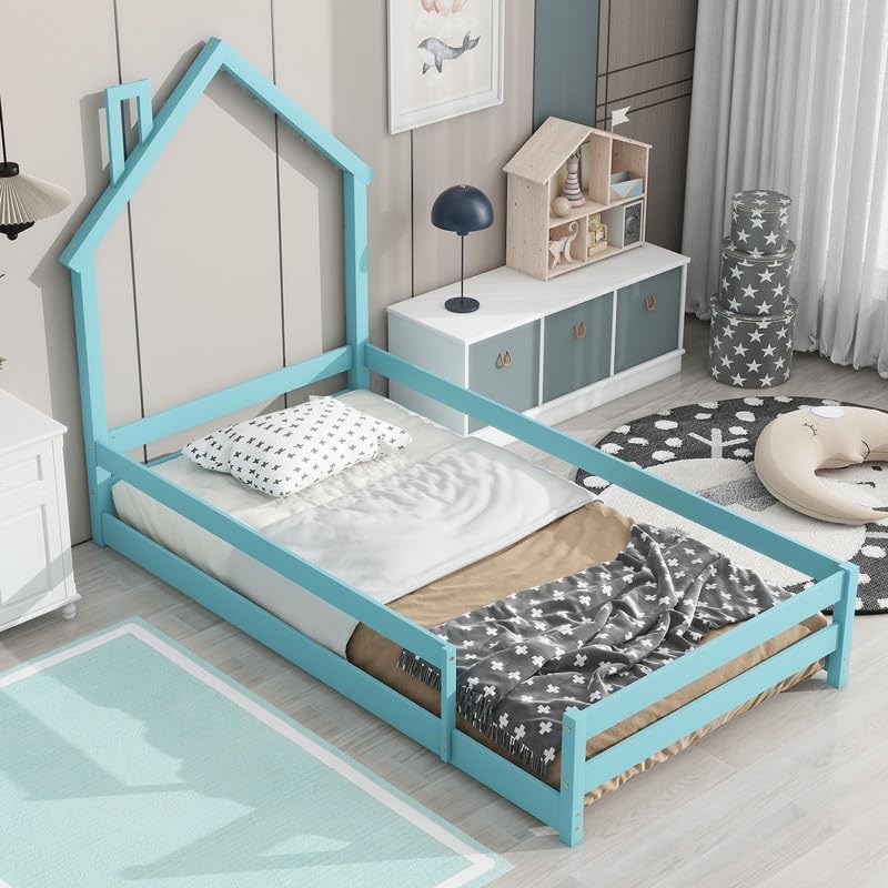 Miniatura 1 de DHAEY Marco de la Cama, marco de cama de madera de tamaño individual con cabecera en forma de casa y vallas para niños y niñas, cama de plataforma