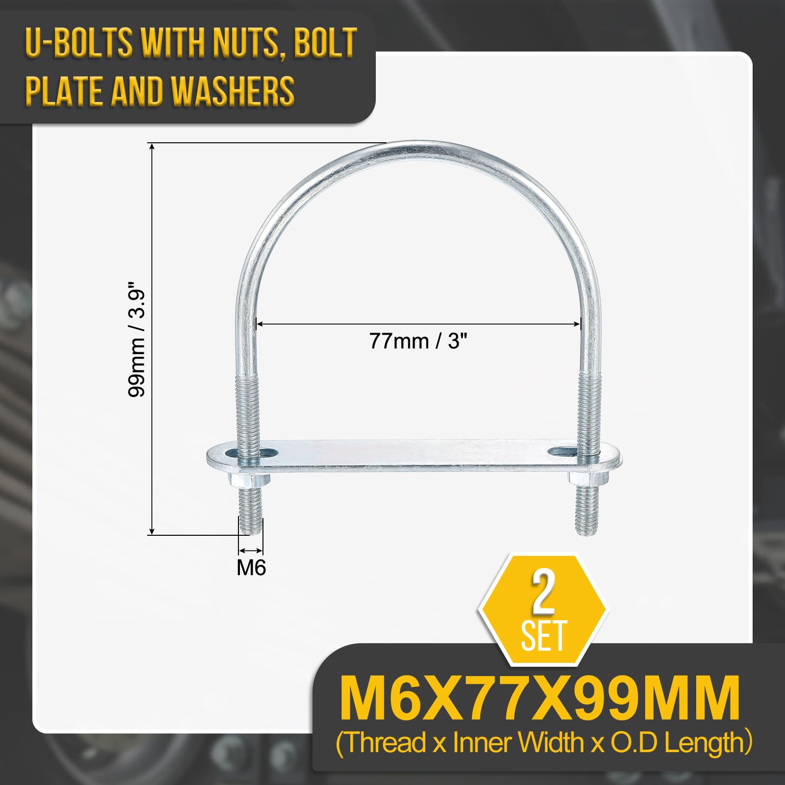 DTGN M6x77x99mm U Bolts Round Kit, 2Set, Carbon Steel U-Bolt Kit with Nuts, Washers, Frame Plate, Good for Pipe Trailer - Image 2