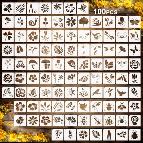 Fainne 100 Pcs Small Stencils for Crafts 1.5 Inch Reusable Painting Stencils Painting Crafts Templates for Wood Wall Home Decor Canvas Fabric (Flower Bird Plants)