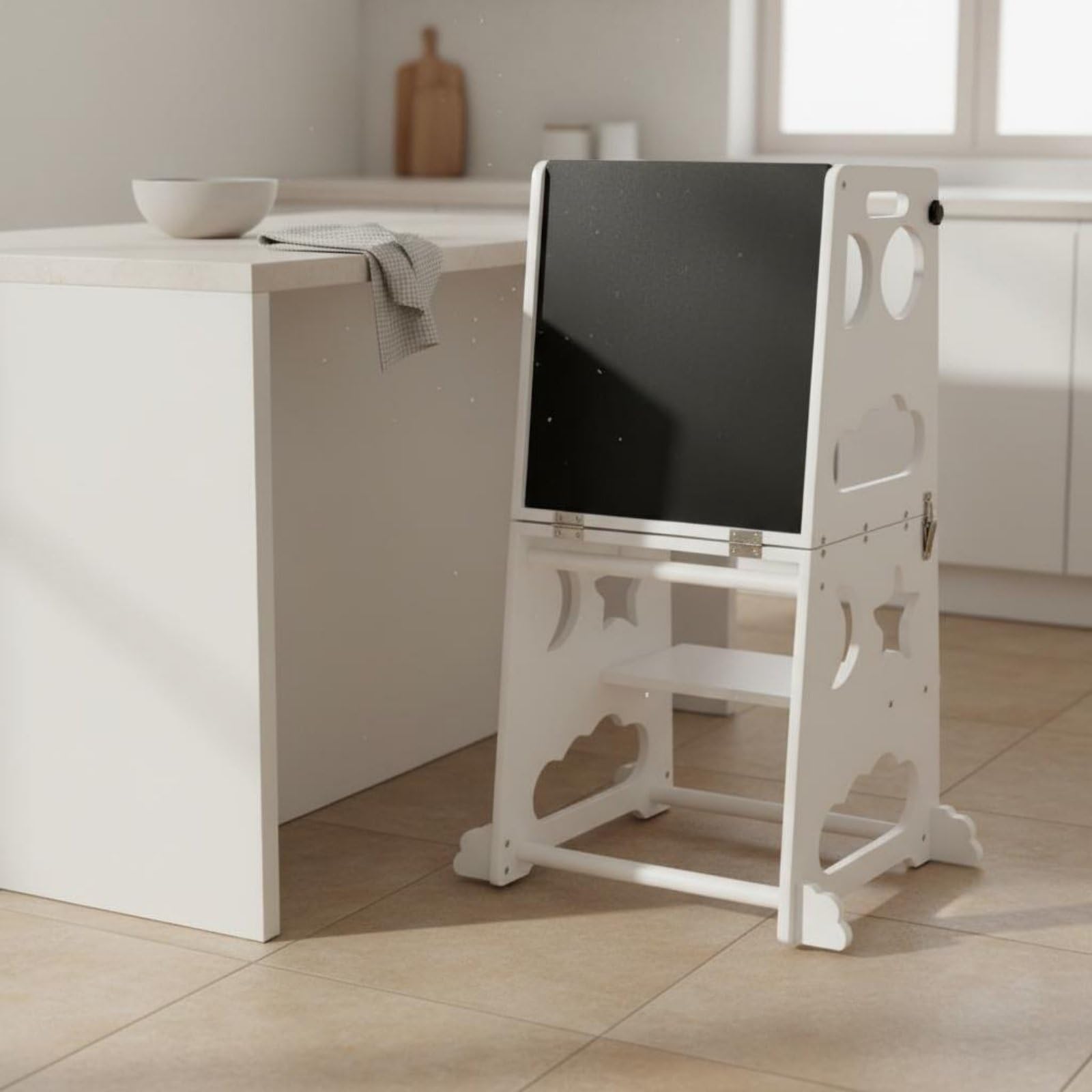 harayaa Taburete Infantil Plegable Taburete Escalón de Aprendizaje Torre de Aprendizaje Asistente de Cocina Diseño Plegable para Ahorrar Espacio y Bordes, Madera Natural