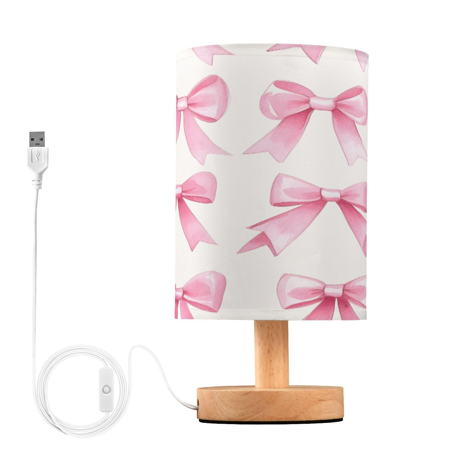 SKYSHU Pink Bows Bedside Table Lamp, Small LED Desk Light USB Nightstand Lamp with Non Slip Wood Base & Eye-Friendily Lampshade for Living Room Bedroom Dorm Home Office Desk Decor