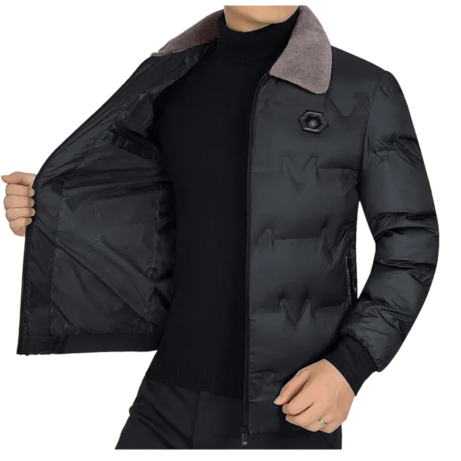 Mens Thickened Puffer Jacket Lightweight Packable Down Jacket Solid Color Fur Collar Coat Warm Cotton-Padded Jackets