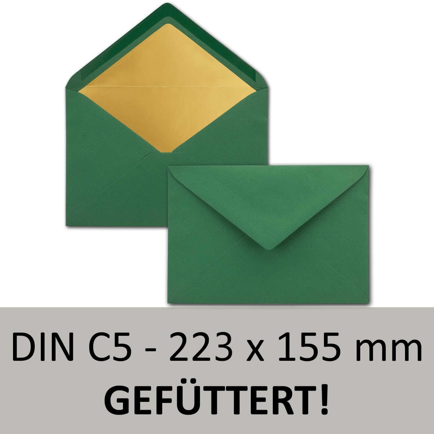 1000 x koperty C5 – ciemnozielone – wyściełane złotym bibułką – 110 g/m² – 22,3 x 15,5 cm – klejenie na mokro