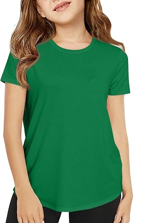 Haloumoning Girls Short Sleeve T Shirts Kids Summer Crewneck Tops Curved Hem Tees 5-14 Years