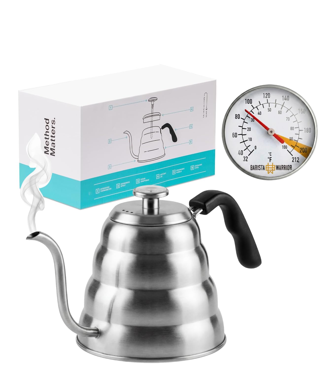 Barista Warrior Gooseneck Kettle for Pour Over Coffee and Tea with Thermometer for Exact Temperature, Precision Pour Drip Spout, Stainless Steel, Compatible with all Stove Tops (1.2 Liter, 40 fl oz)