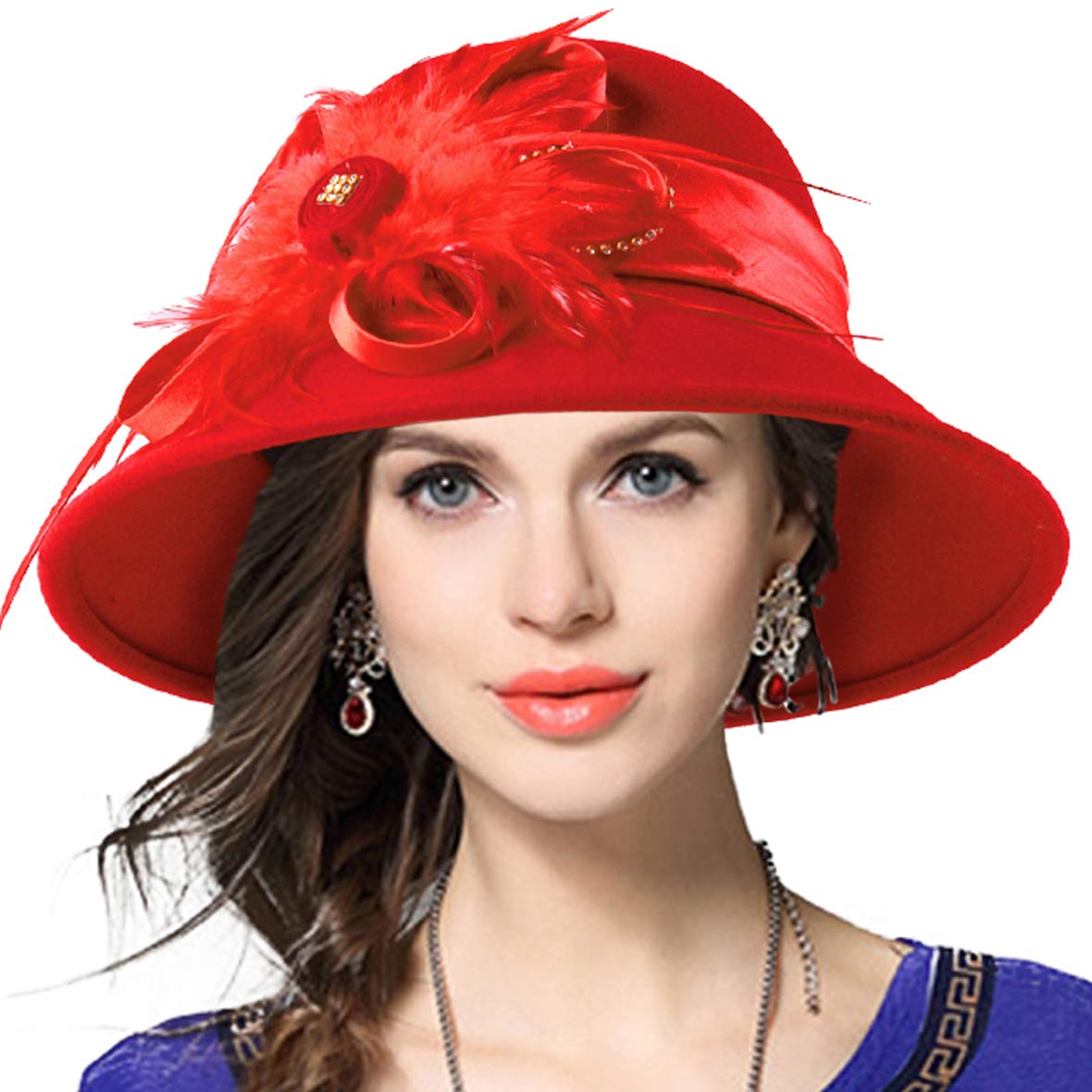 VECRY Women's Wool Church Dress Cloche Hat Plumy Felt Bucket Winter Hat