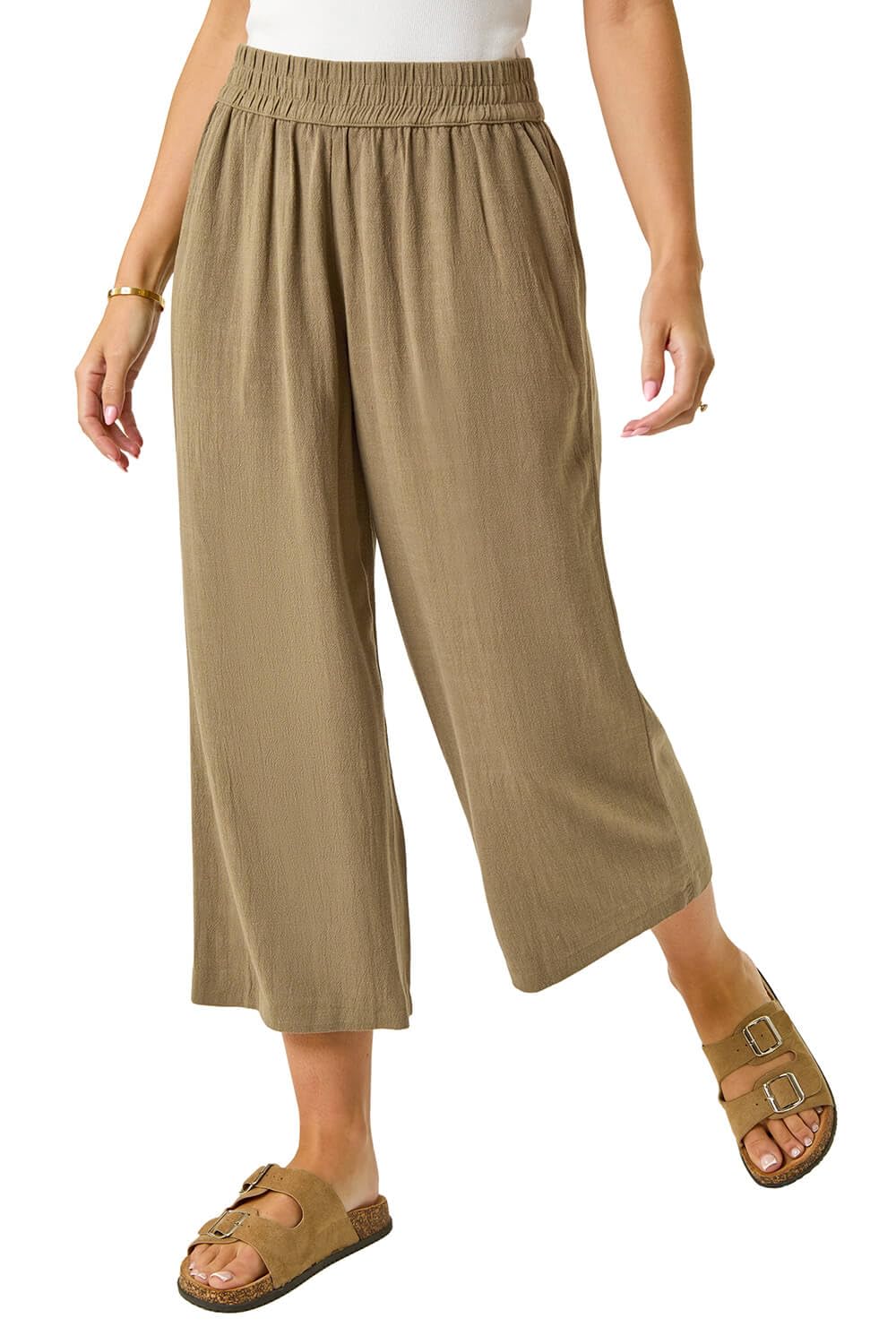 Roman Women's Khaki Petite Linen Mix Cropped Trouser In | Size: 14
