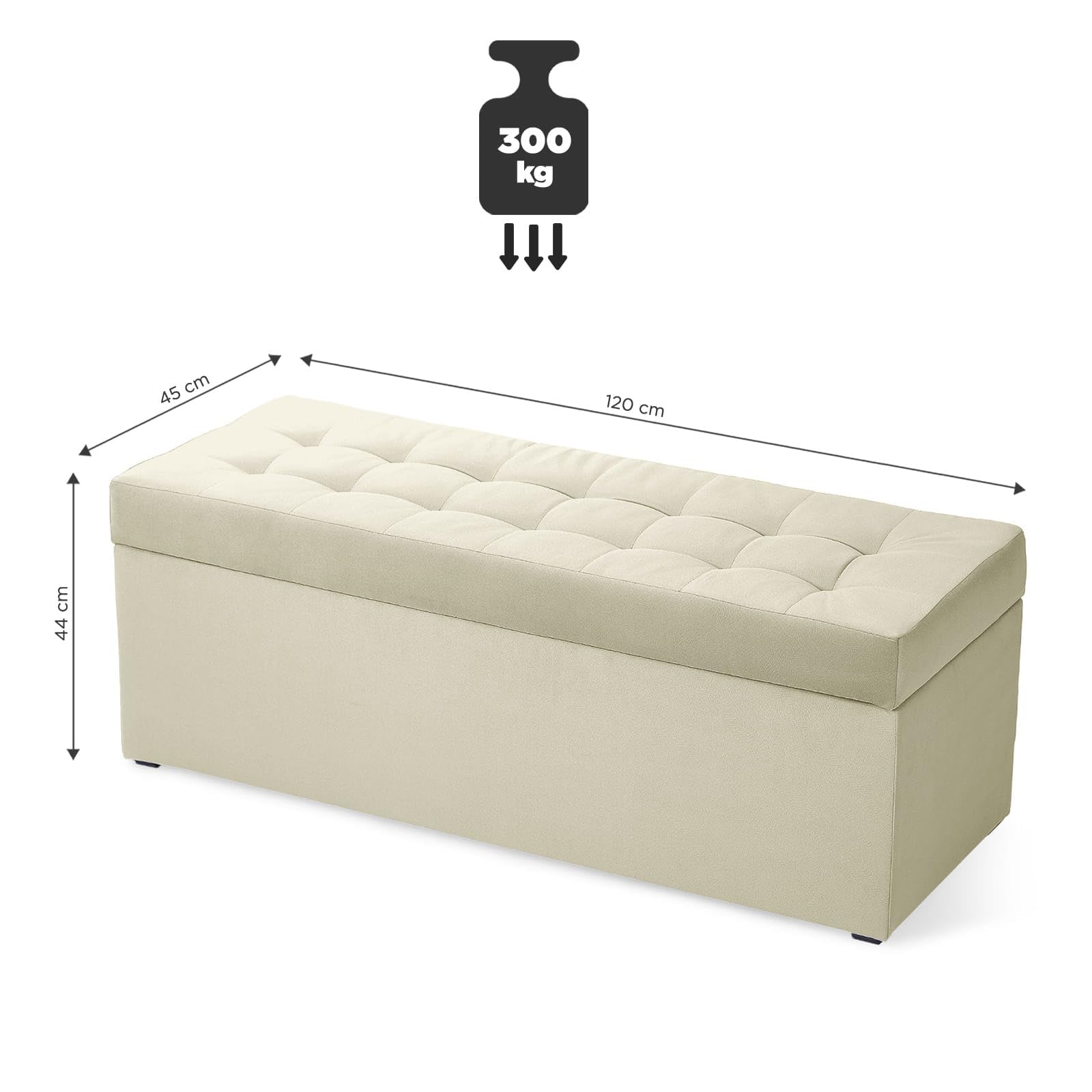 MG Design Pouf contenitore imbottito 45 × 120 cm Beige – capacità ca. 140 L, fino a 300 kg, struttura in legno massiccio, superficie opaca con trama fine, già montato e facile da pulire
