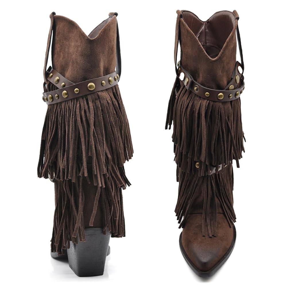 IF Stivali Texani da Donna Western Cowboy Cowgirl in Camoscio Sintetico con Borchie e Frange Rimovibili a 3 Strati Tacco Medio Stile Camperos GA053