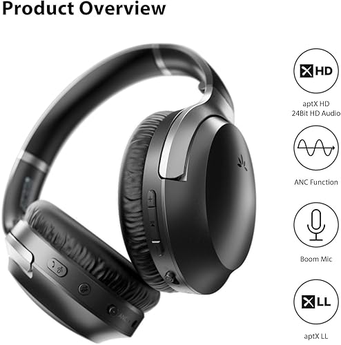 Miniatura 5 de Avantree Aria Pro aptX-HD Bluetooth 5.0 - Auriculares con cancelación activa de ruido con micrófono para música y llamadas, opción de SSD,