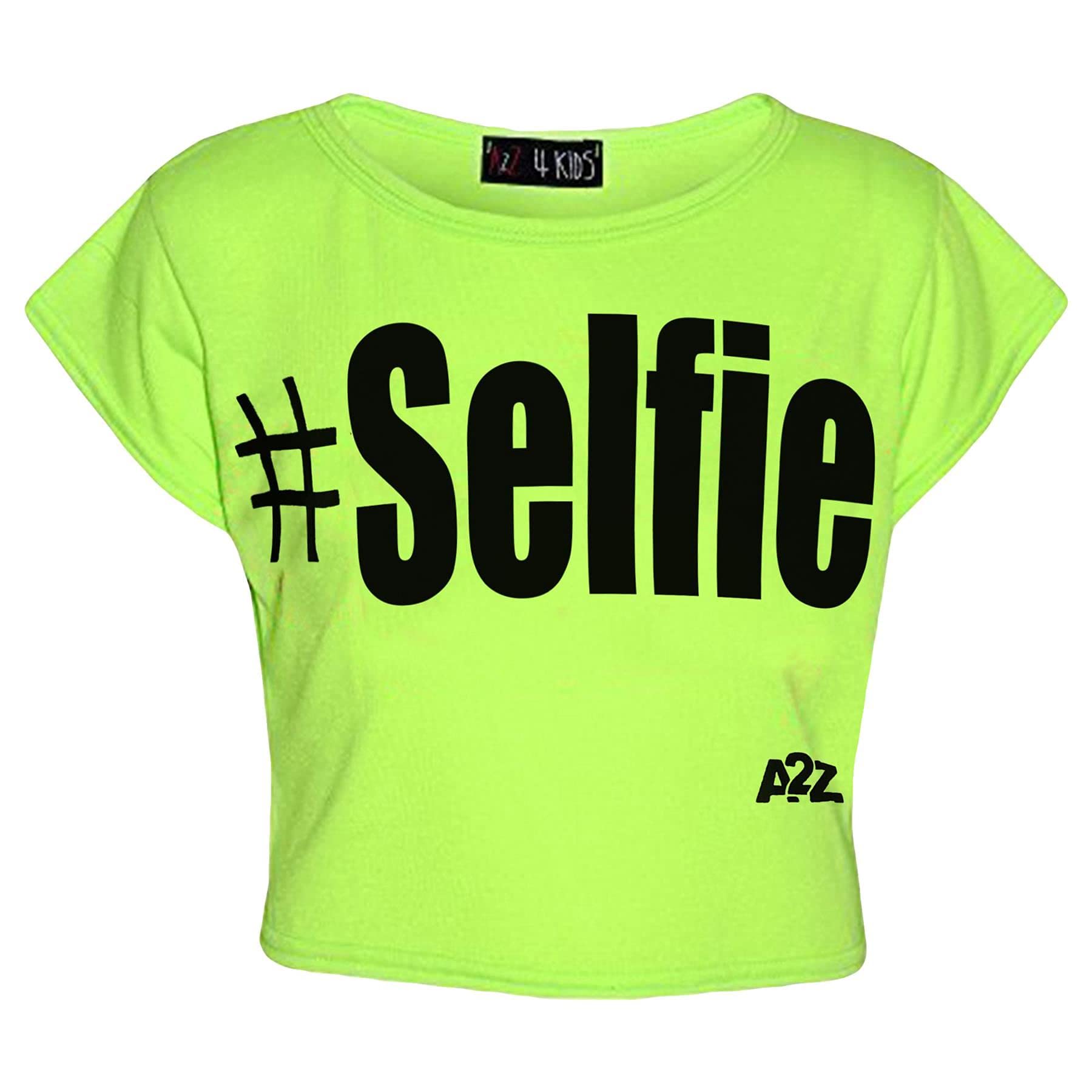 A2z 4 Kids Girls Neon Green #Selfie Crop Top Active Short Sleeves T Shirts Lightweight - #Selfie Crop Top 13