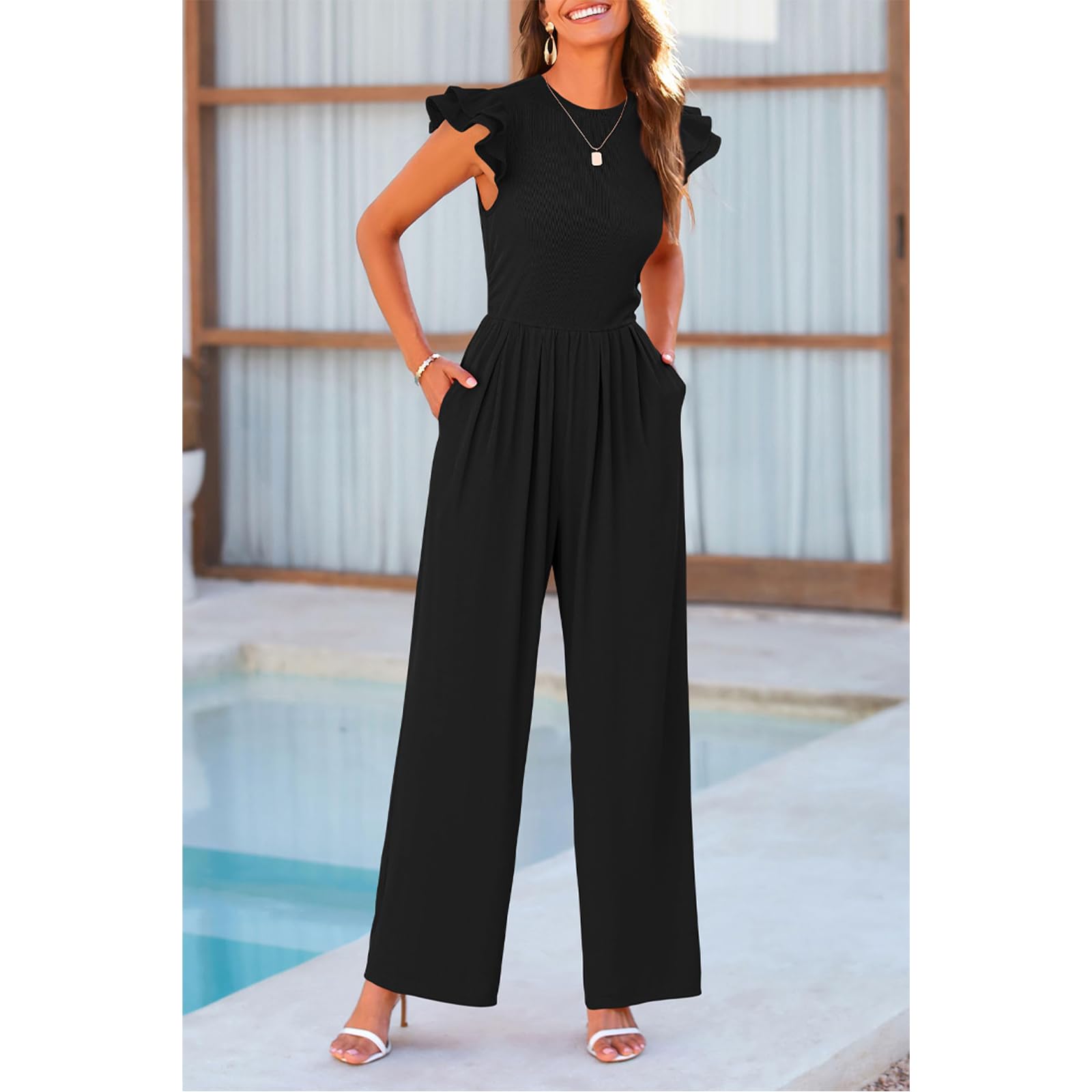 Femmes Combinaison sans Manche Col Rond Élégant Barboteuse Jumpsuit Pantalon Loose Casual Combishort avec Poches Pantalon Taille Haute Vêtements de Travail Jumpsuit