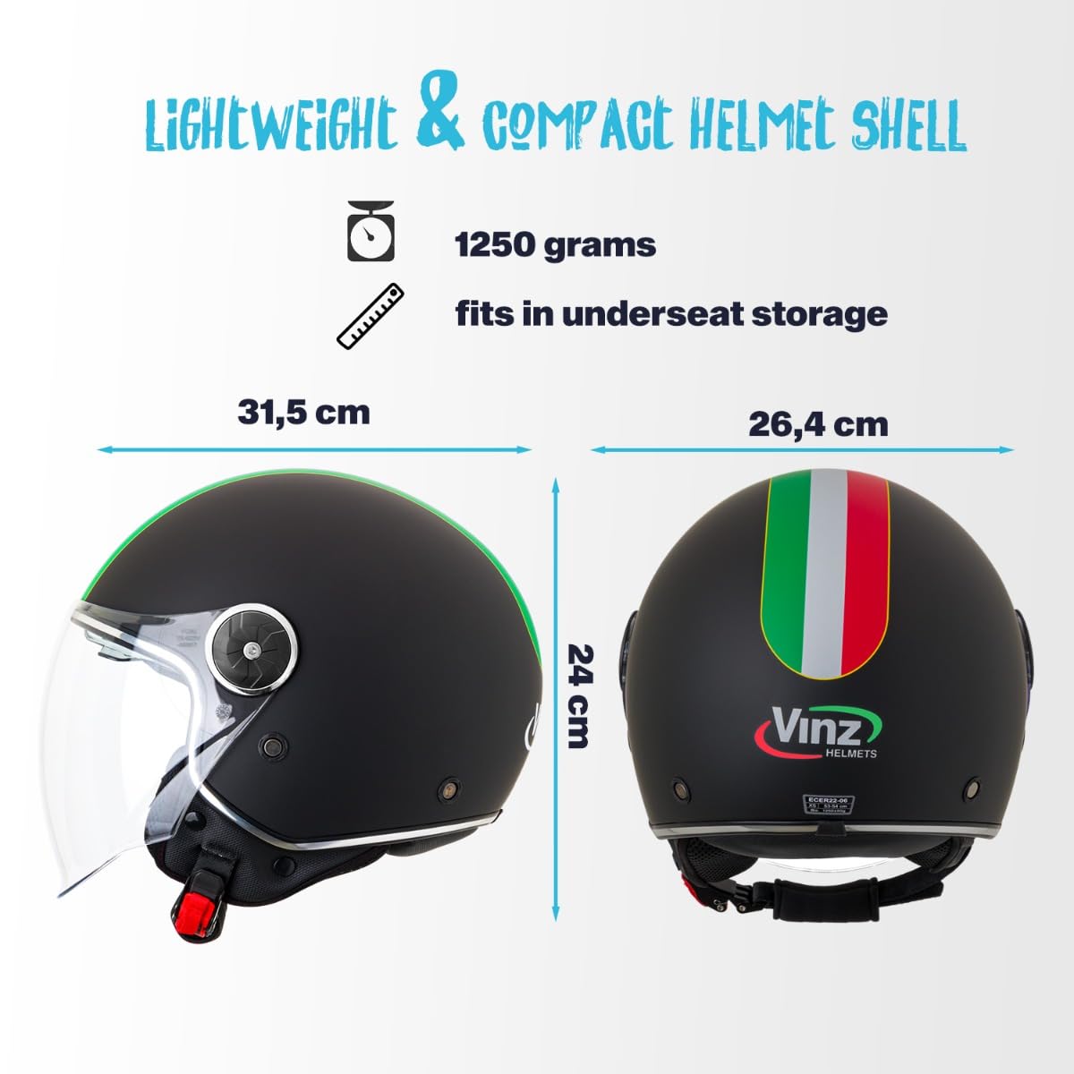 VINZ Neiva Jethelm mit Doppelvisier | Roller Helm mit Italienische Flagge & mit Sonnenblende | In Gr. XS-XXL | ECE 22.06 Zertifiziert | Motorradhelm mit Visier | Viele Farben Erhältlich