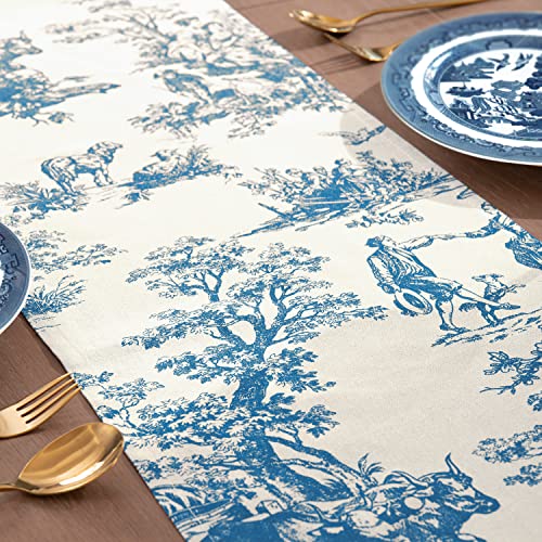 Xtmyi ZQFS-LAN-1272 Toile Blue Table Runners 72 Inches Long For Coffee Kitchen Dining Room Table,French Country Grand Millennial Chinoiserie Decor Floral Print Design Short Tablecloth,Light Blue And Cream White thumb #2