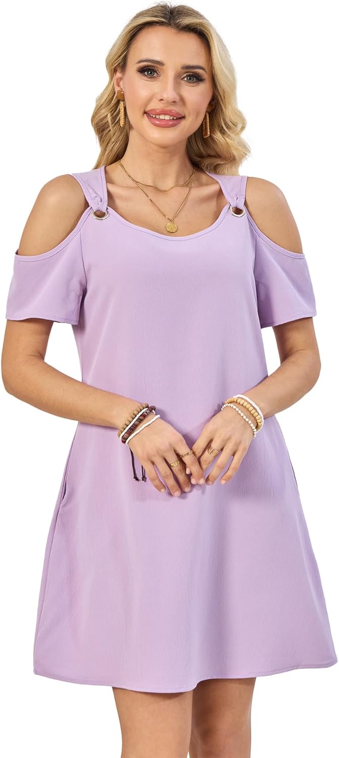 Summer Women's Casual Dress with Thin Straps Off-The-Shoulder Short Sleeves Flowing Beach Resort A-Line Dress - Image 2