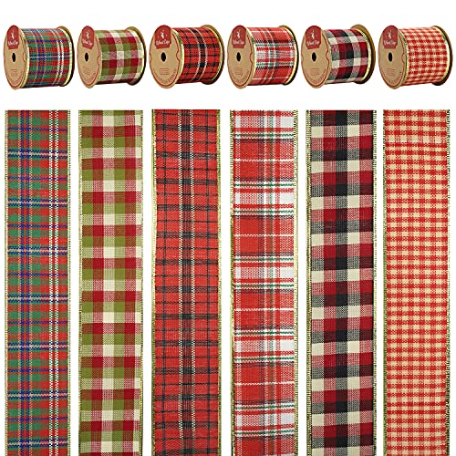 Meedee Christmas Ribbon 2.5 Inch 6 Rolls 36 Yards Buffalo Plaid With Gold Wire Edged Ribbon Bulk Plaid Christmas Tree Decorating Ribbon Perfect For Gift Wrapping Tree Garland Topper Bow Swag Wreath #TOP2