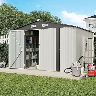 Verano Garden 10x8 FT Outdoor Storage Shed, Galvanized Steel Metal Garden Shed, Double Door W/Lock, Outdoor Storage Tool House for Backyard, Patio, Lawn