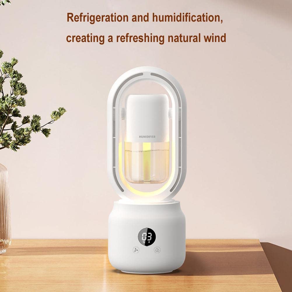Ventilatore senza pale, condizionatore d'aria ricaricabile 3 in 1, ventilatore portatile, ventilatore da tavolo, display a LED con circolazione a 360° con luce notturna, ventilatore raffreddatore d'ar