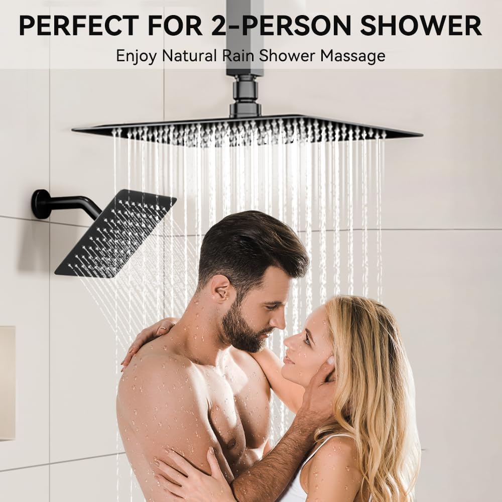 Matte Black Shower Faucet Set Shower System, STARBATH 12"+6" Wall Mount Rain Shower Head and Handheld Spray for Two Person, Shower Faucet Set with Diverter Valve and Trim Kit Complete