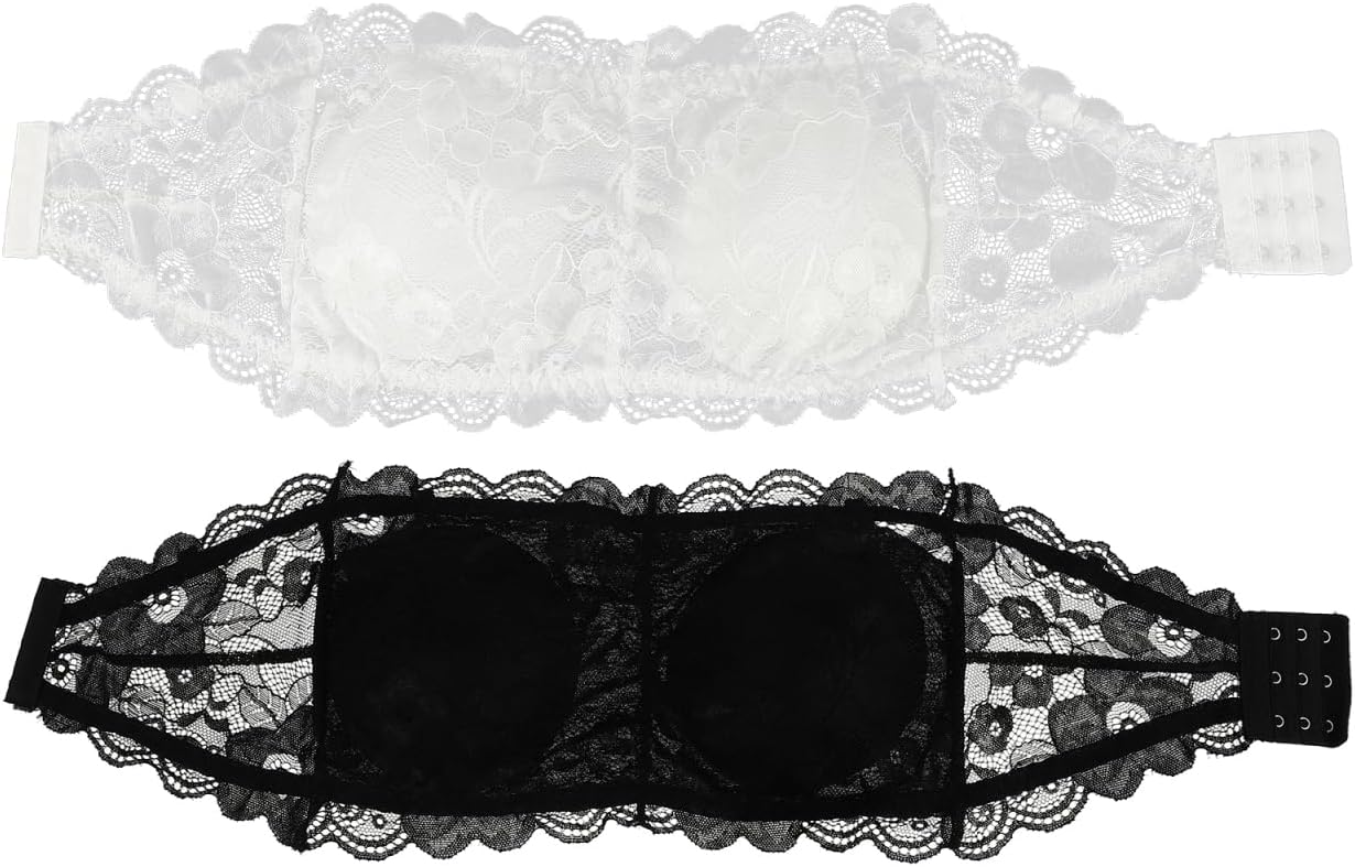 Strapless Lace Bandeau Bra Padded Removable Seamless Tube Bra with 3-Row Buckles Breathable Stretch for Women Off-Shoulder Tops Summer Black - Image 3