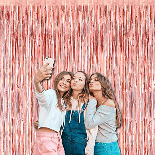 Image of 4 Pack Rose Gold Foil Fringe Curtain Backdrop, 3.28Ft x 8.2Ft Metallic Tinsel Foil Fringe Streamers Curtains for Party,