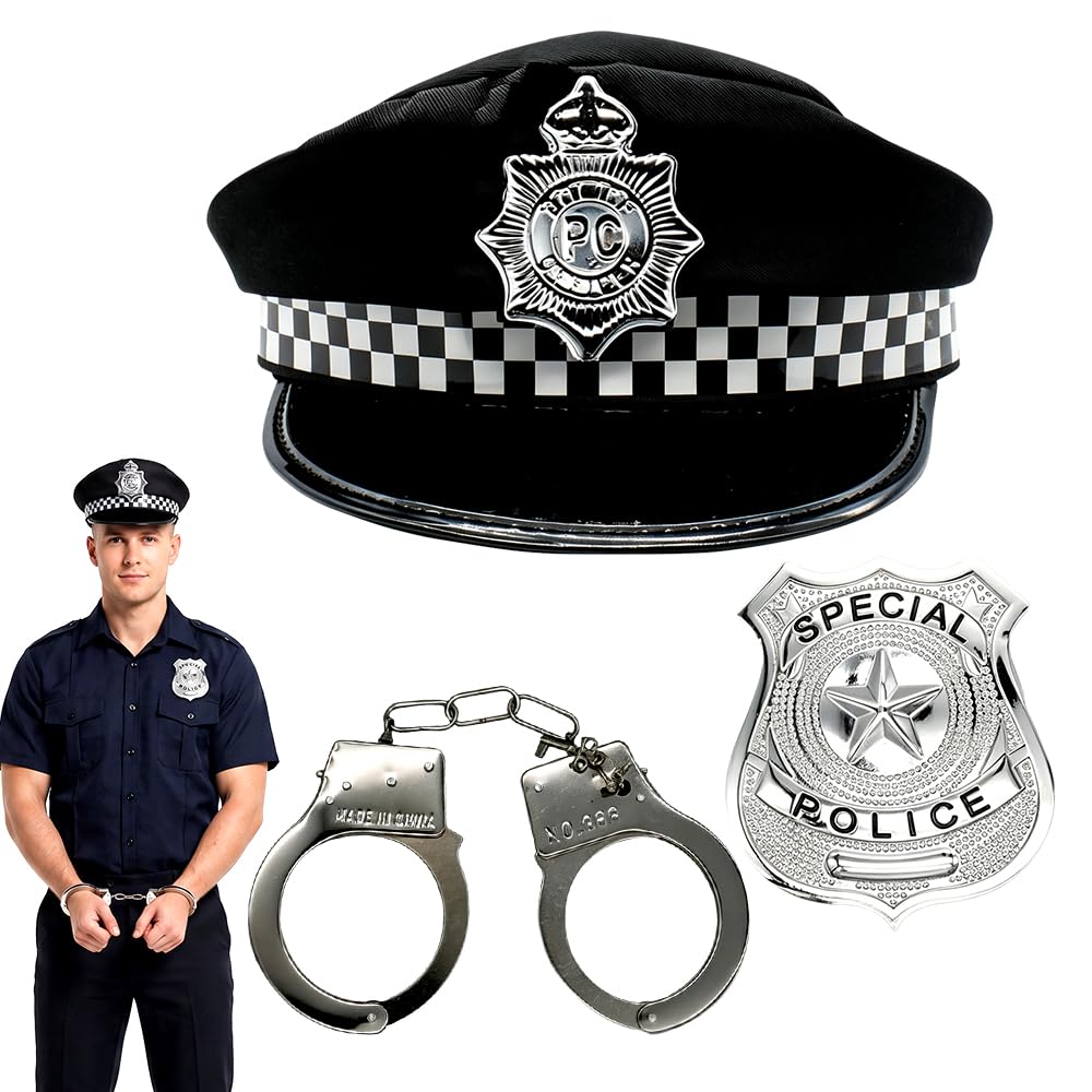 HATFRYF Police Fancy Dress Set, Adult Police Costume, Accessories with Policeman Hat, Badges, Handcuffs, Dress Costume Party Carnival Prom Ball Mardi Gras, Men Women Decoration Play — image 1