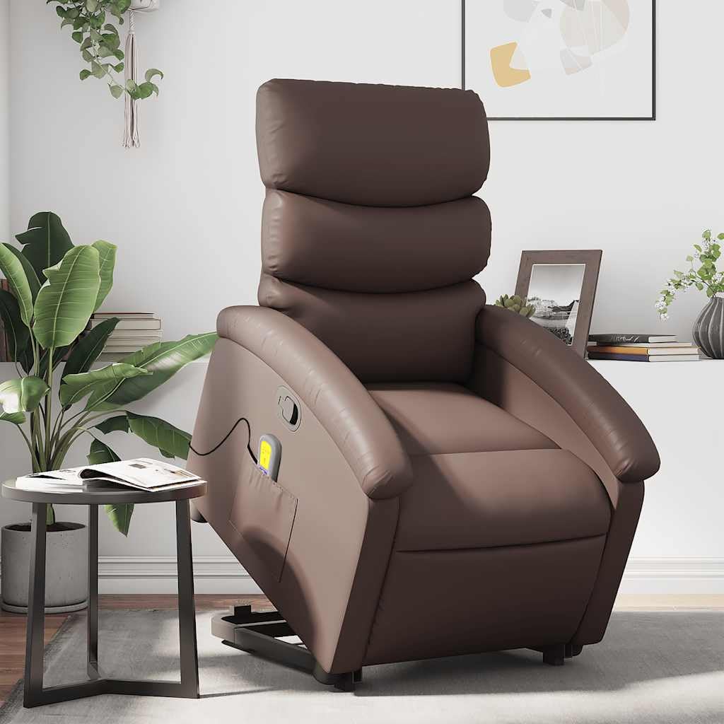 Sillón elevador reclinable con masaje de 6 puntos, función elevación eléctrica e inclinación manual hasta 135°, estructura estable de madera y metal, piel sintética