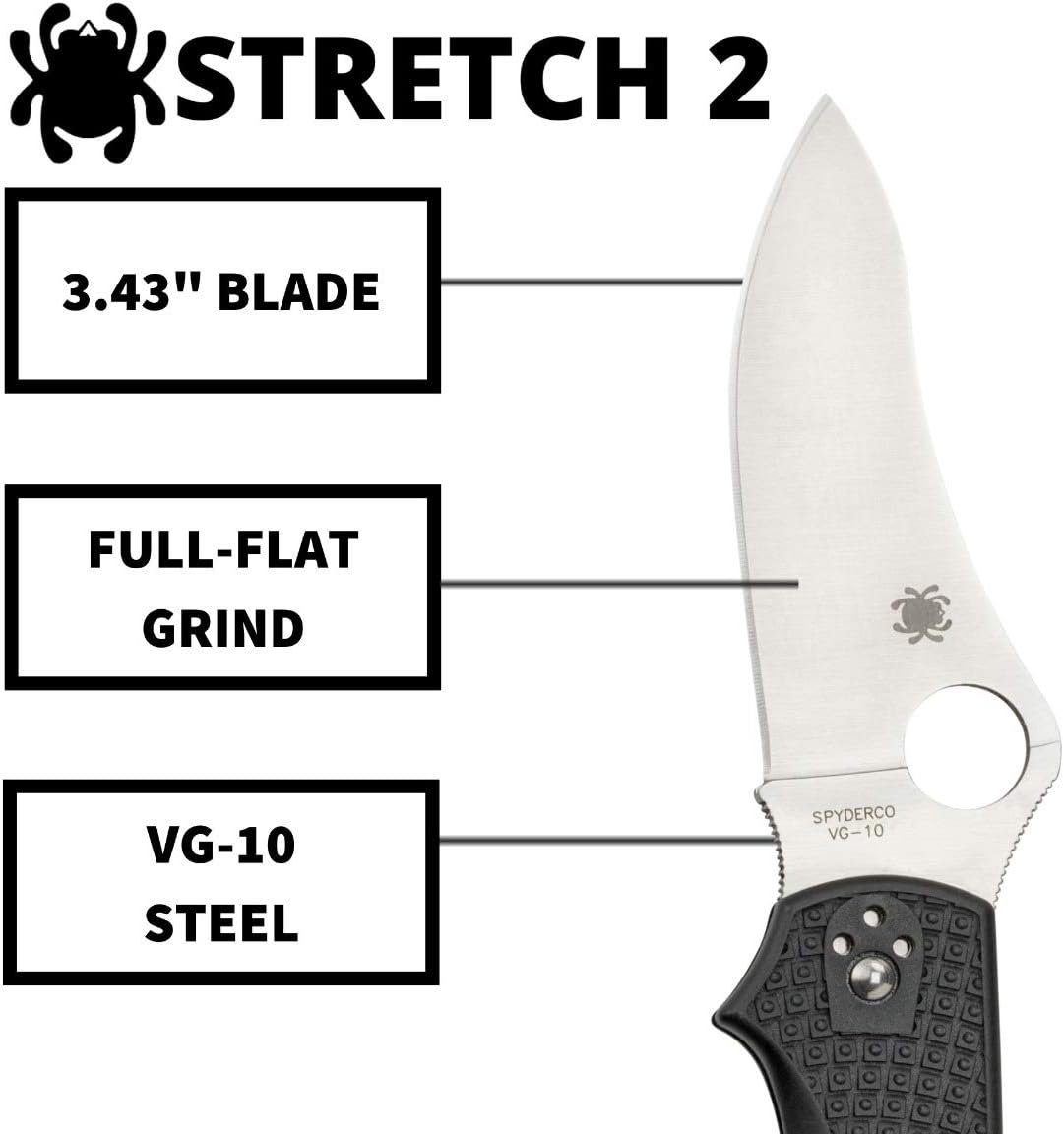 Spyderco Stretch 2 Signature Lightweight Hunting Knife with 3.43" VG-10 Stainless Steel Blade and Black FRN Handle - PlainEdge - C90PBK2