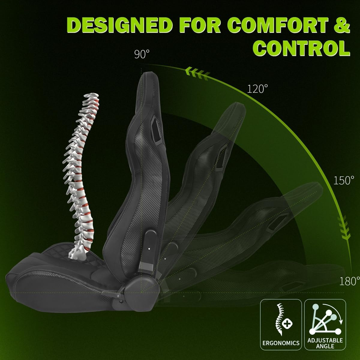 Universal Pairs of Racing Seat with Dual Sliders, PU Leather Front+Carbon Leather Back Reclinable Bucket Seat, Black+Grey Stitch