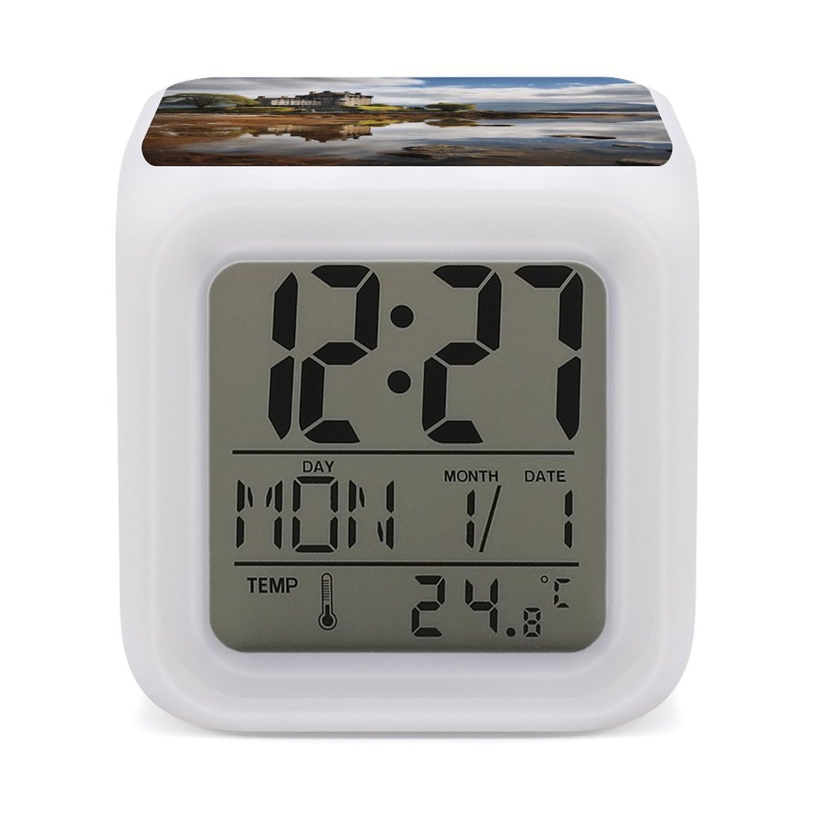 VstaDank Scotland Castle Water Lake Scottish Alarm Clock for Bedrooms Small Clocks with 7 Color Night Light Desk Clock with Large Numbers Loud Wake Up Timer Ideal for Gift & Room Decor
