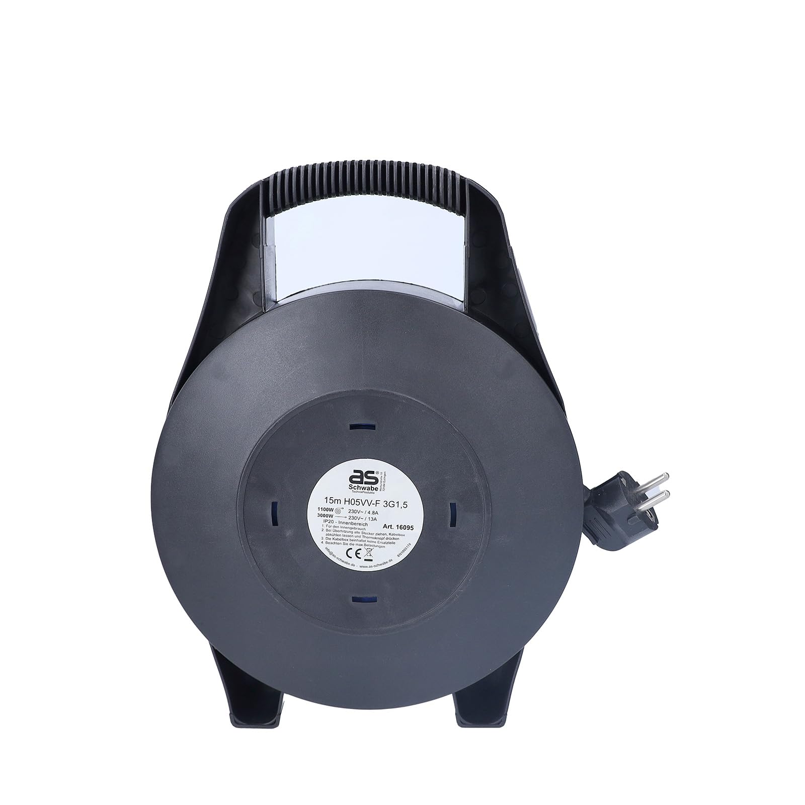 as - Schwabe avvolgicavo 15 m, IP20 interno, 4 prese con terra, interruttore termico di protezione, nero/blu