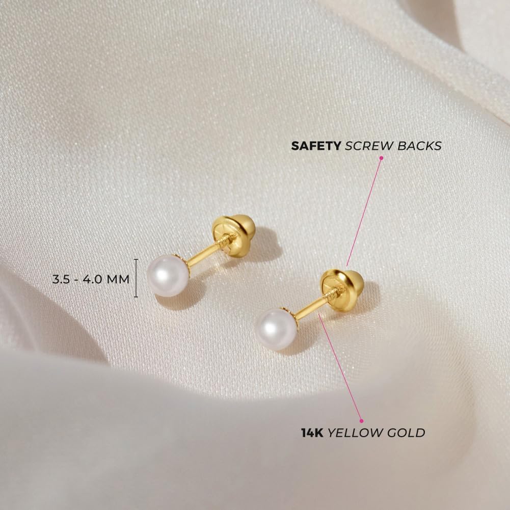 In Season Jewelry 14k Yellow Gold Classic Freshwater Cultured Pearl Kids Earrings - Earrings for Girls with Safety Screw Backs - Safe & Comfortable for Toddlers, Kids & Little Girls