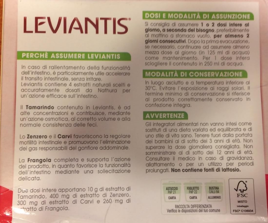 Leviantis 48 Buste Integratore Alimentare Gusto Amarena 100% Naturale Azione Rapida sul Transito