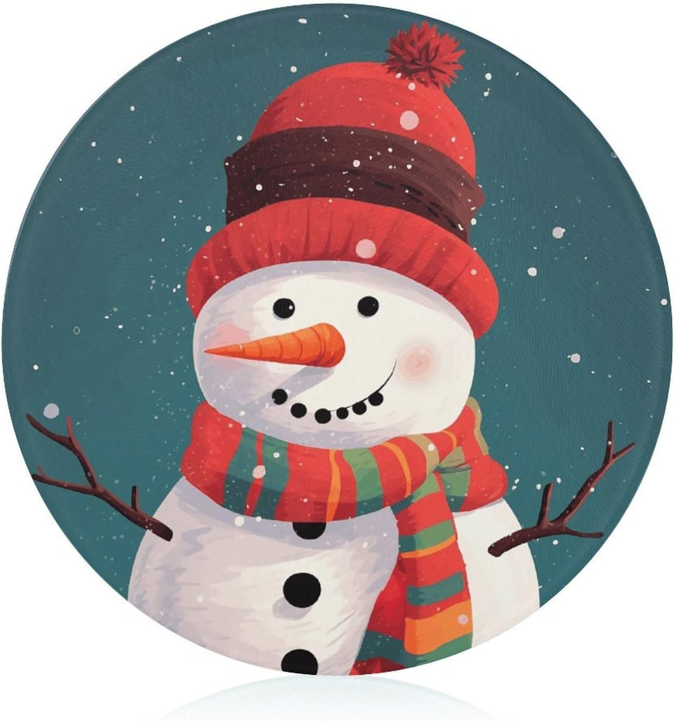 Xmas Snowman Cutting Board Portable Small Chopping Boards Tempered Glass Kitchen Counter Protector Non-Slip Round Charcuterie Boards Mat for Bar Cheese Board