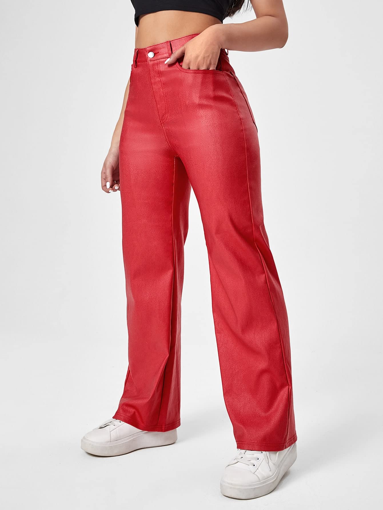 MakeMeChic Women's High Waist Pockets Straight Leg Jeans Leather Look Pants