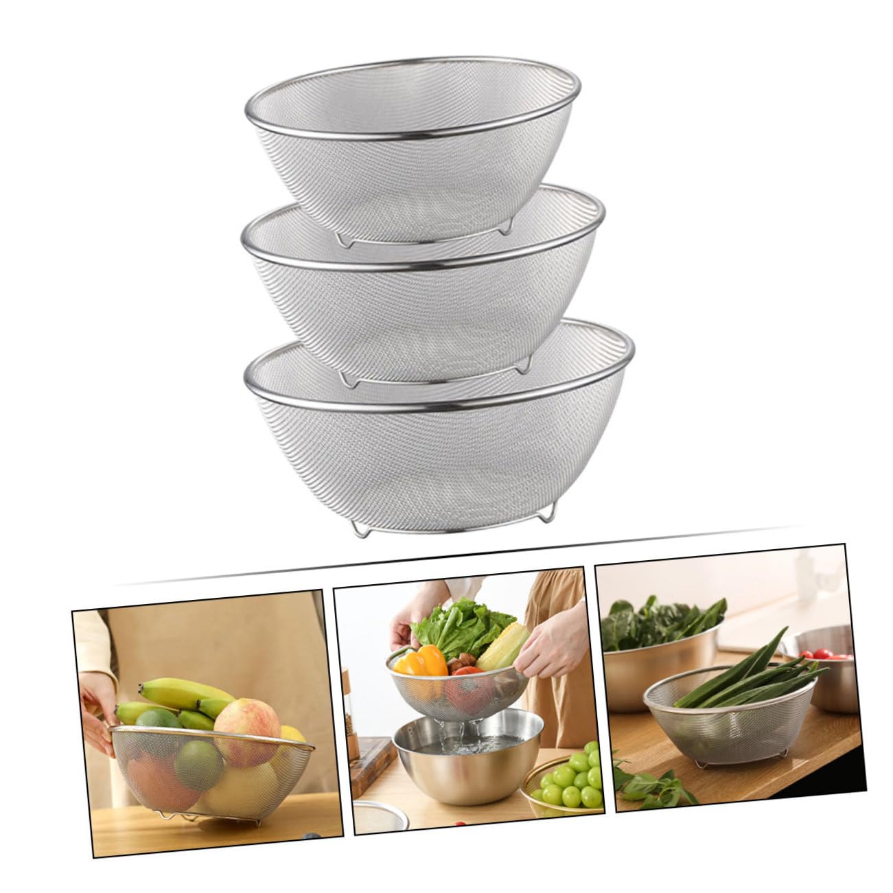 1juego Coladores De Inoxidable Malla Fina Para Verduras y Arroz Escurridor De Cocina Resistente y Práctico Para Uso Diario