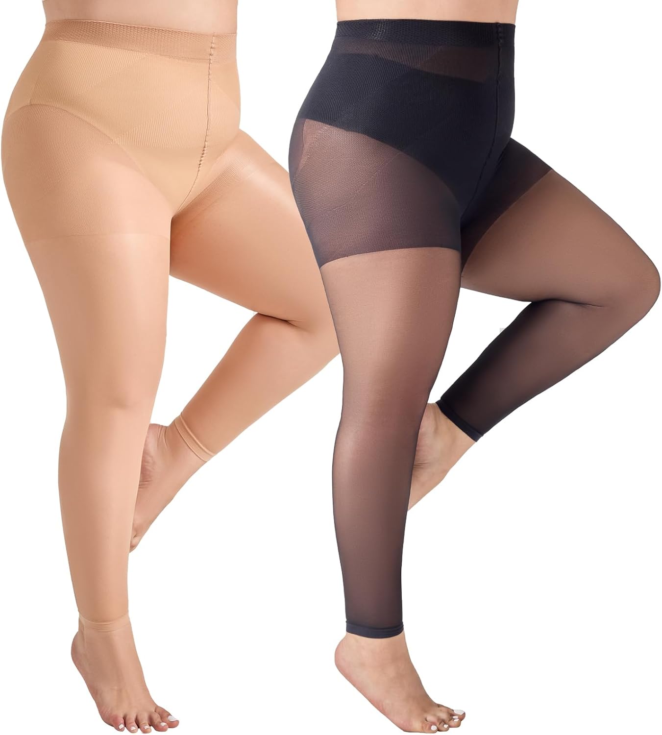 Yilanmy Plus Size Footless Tights for Women Tummy Control 40 Denier Curves Pantyhose 2 Pairs Shaping Leggings