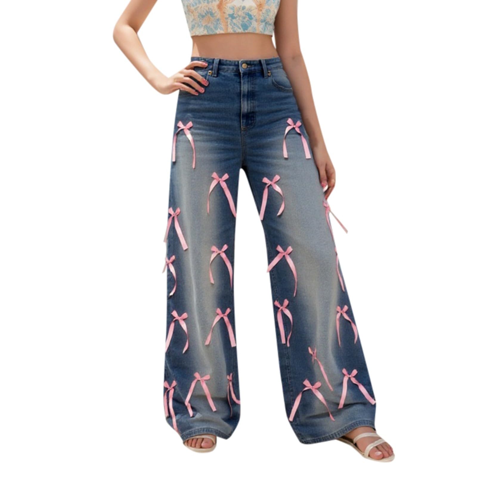 Pantalones De Verano Mujer Deporte, Pantalones Vaqueros Mujer De Trabajo, Pierna Ancha Y Cintura Alta con Lazo Desgastado Corte Holgado Estilo Urbano Pantalón Deportivo Pantalon Pirata