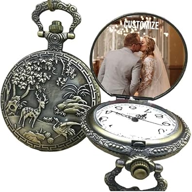 Custom Pocket Watches,Personalized Photo Pocket Watches, Alloy Material, Vintage Style, with Fob Chain/Waist, Necklace and Gift Box, for Men/Women, Dads and Grandparent