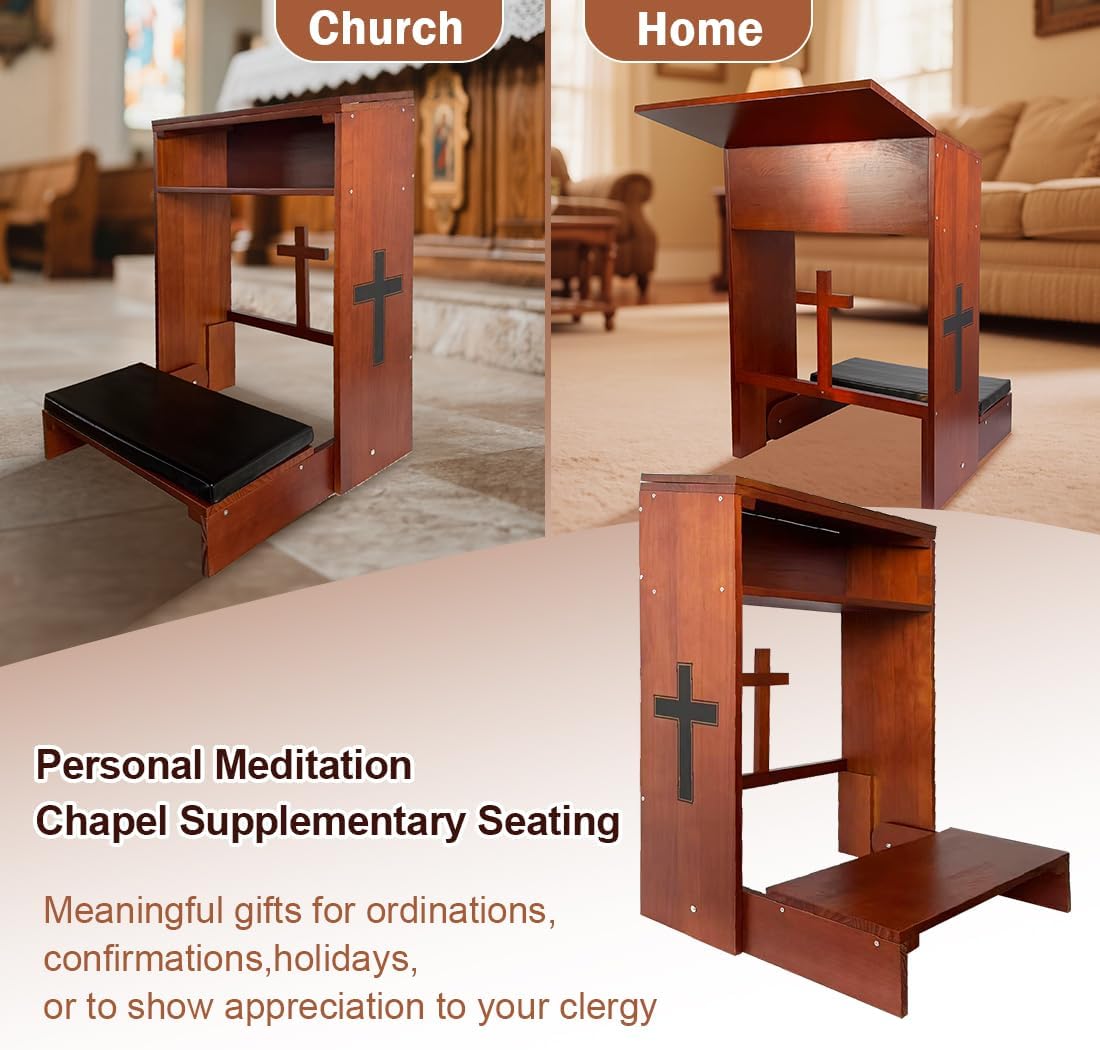 Wooden Prayer Kneeler with Storage Shelf & Cushion - Folding Prayer Bench for Home and Church, Comfortable Kneeling Devotional Pew Bench, 32" H x 22" W