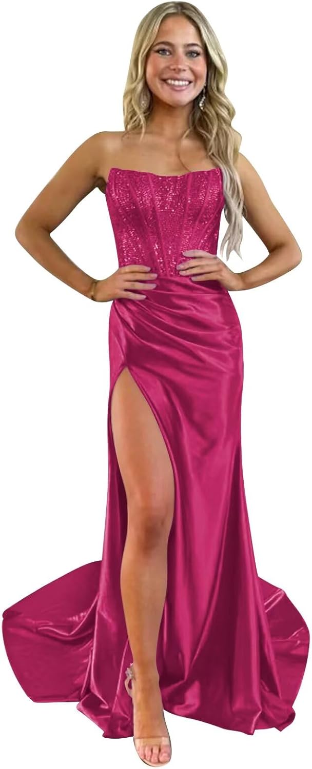 Sparkly Satin Prom Dresses Mermaid Strapless Evening Party Gown for Women Maxi Cocktail Gowns with Slit