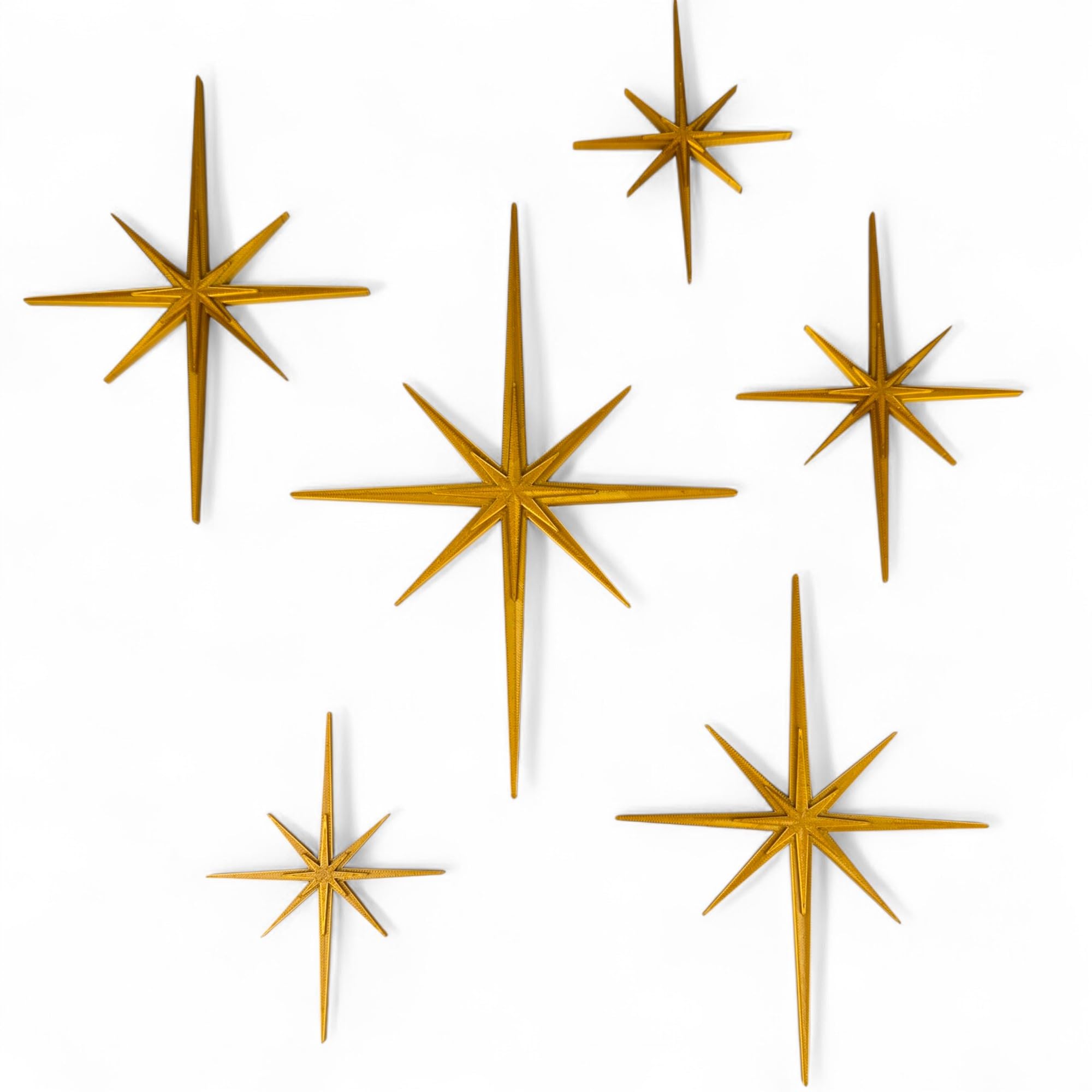 Elongated Mid Century Modern Starburst Wall Decor Set of 6 Indoor/Outdoor Atomic Art Retro Home Decor in Multiple Colors MCM Accent Stars (Gold)