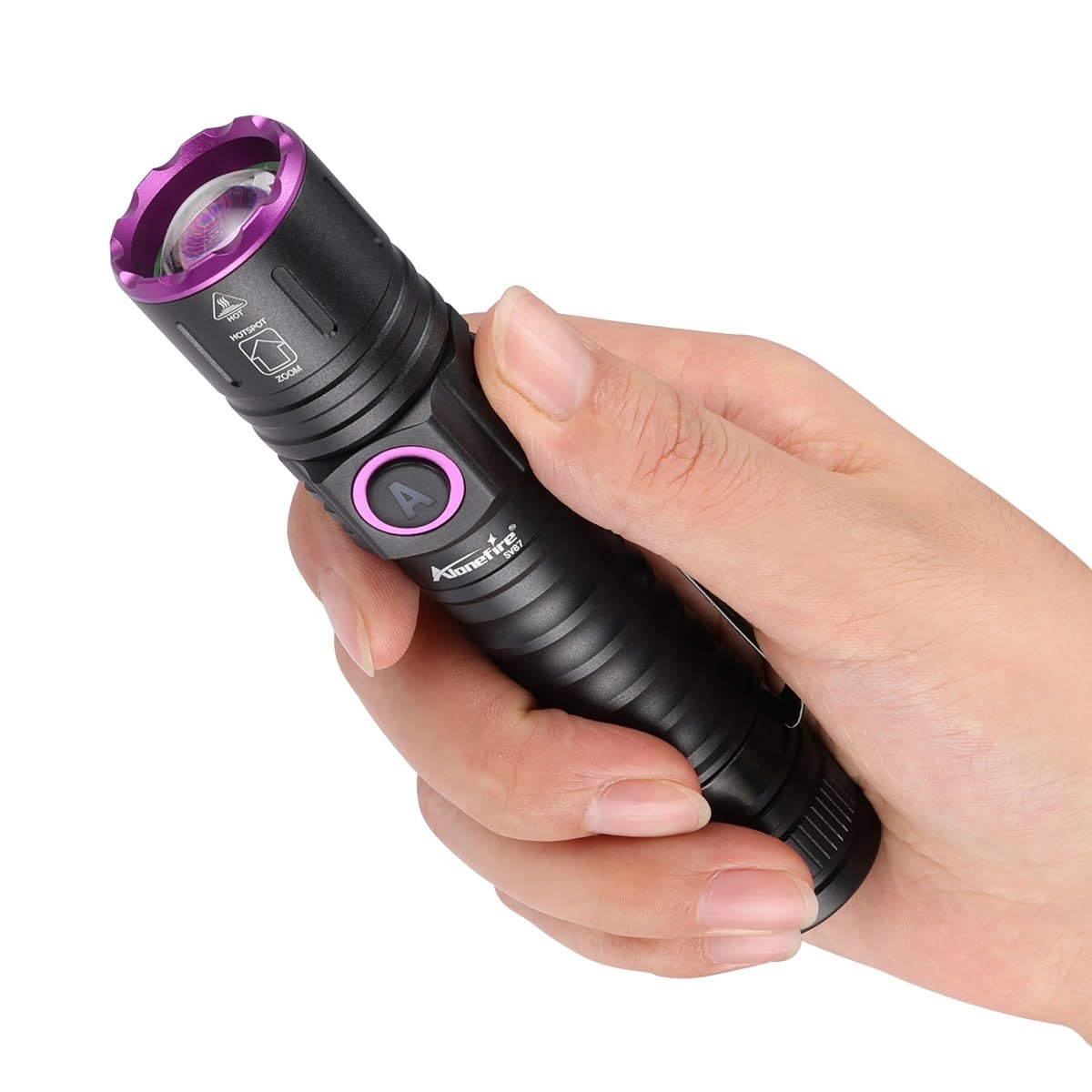 Hand holding Alonefire SV87 UV Flashlight